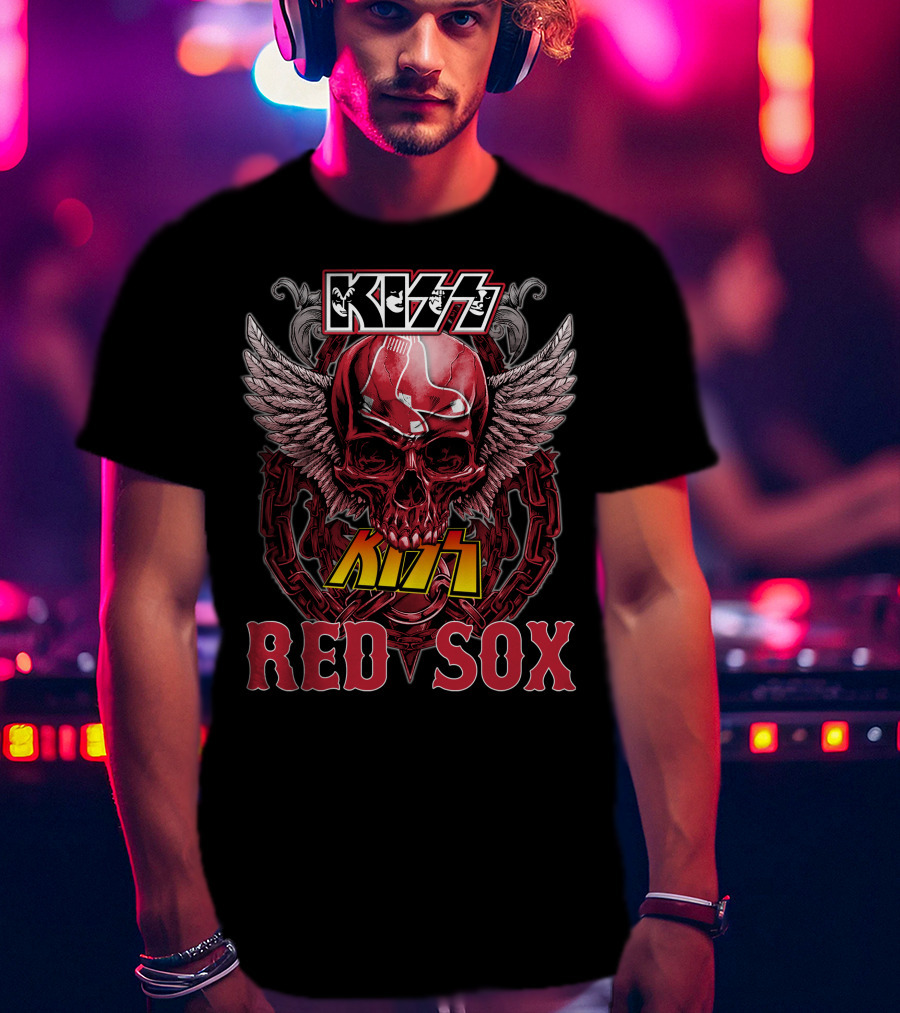 KISS Boston Red Sox Skull Chains Wings T-Shirt