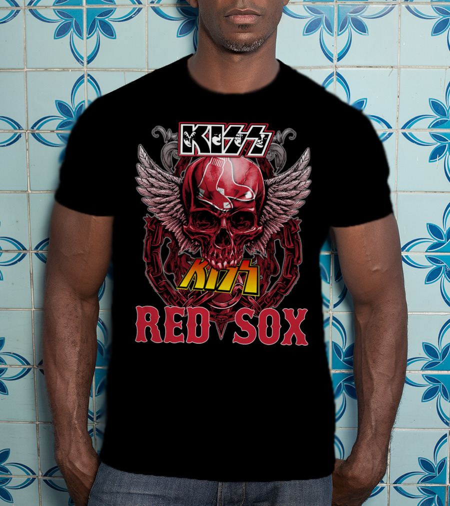 KISS Boston Red Sox Skull Chains Wings T-Shirt