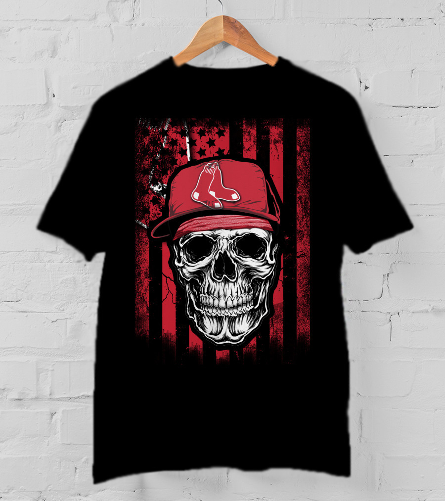 Boston Red Sox Skull Logo Cap On Red And Black T-Shirt