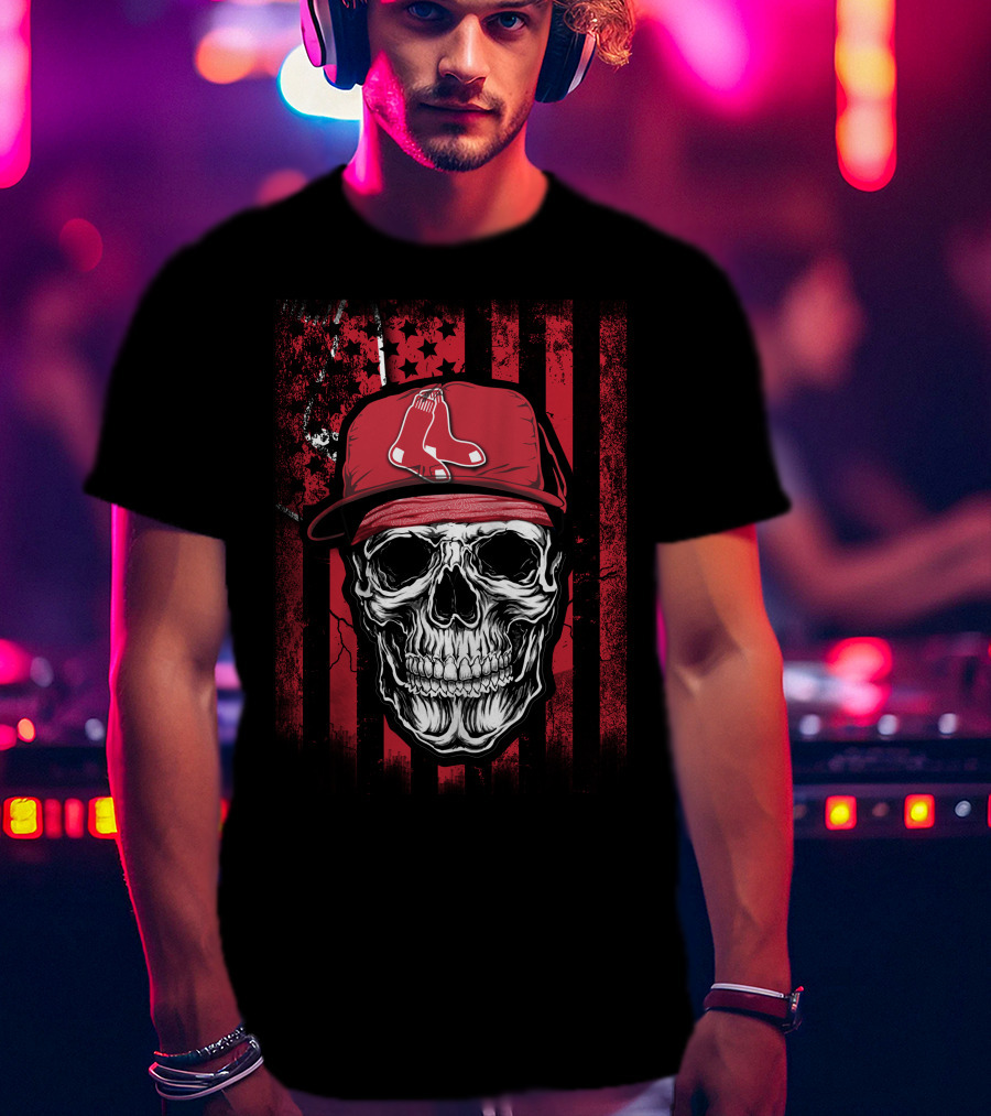 Boston Red Sox Skull Logo Cap On Red And Black T-Shirt