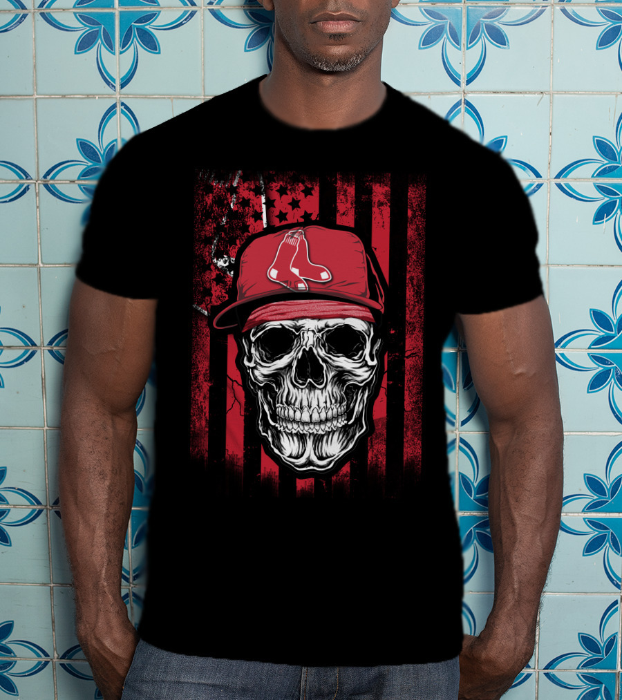 Boston Red Sox Skull Logo Cap On Red And Black T-Shirt