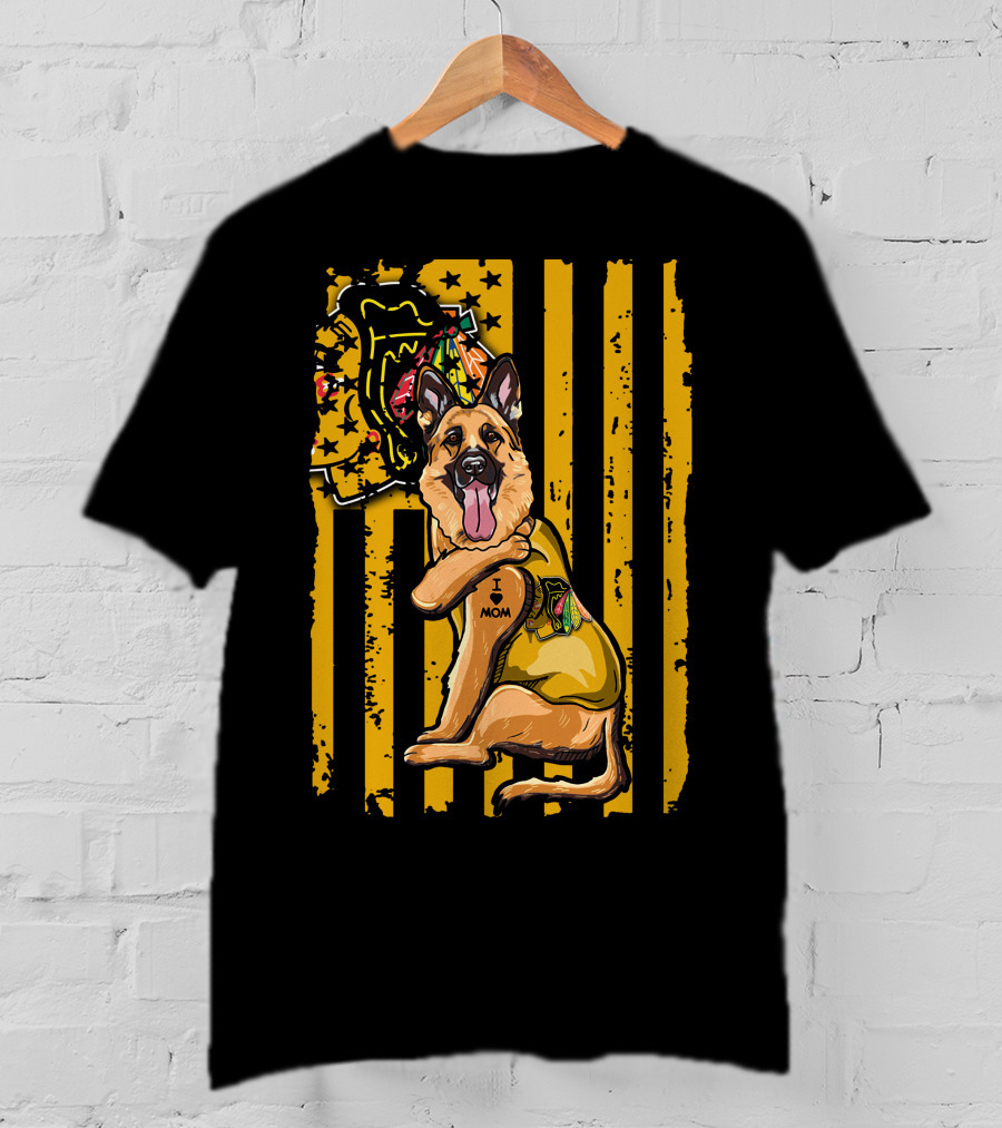 German Shepherd I Love Mom Chicago Blackhawks Stripes T-Shirt