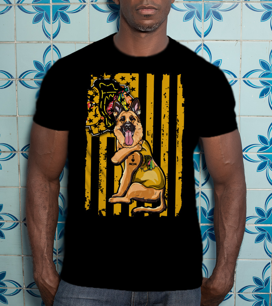 German Shepherd I Love Mom Chicago Blackhawks Stripes T-Shirt