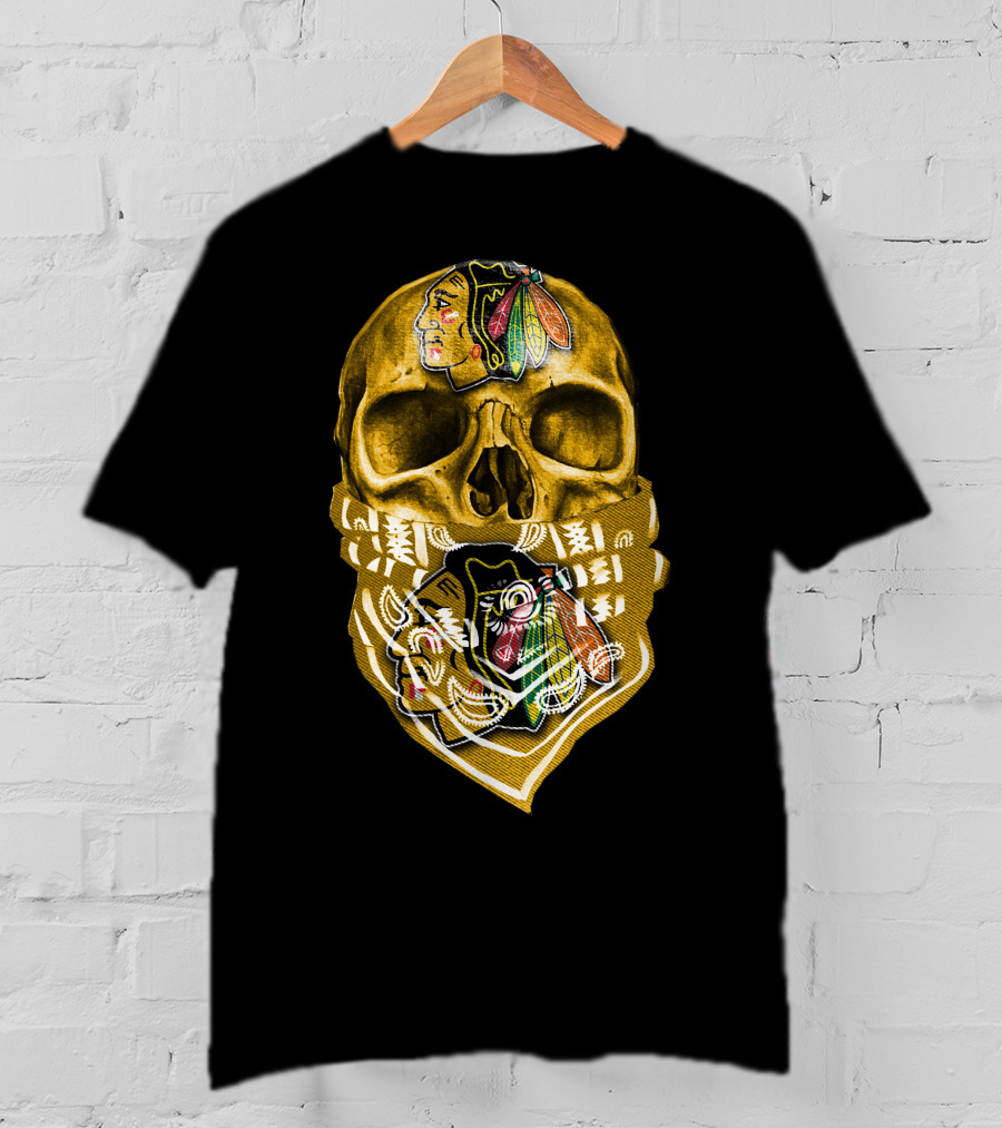 Skull With Chicago Blackhawks Logo Bandana T-Shirt