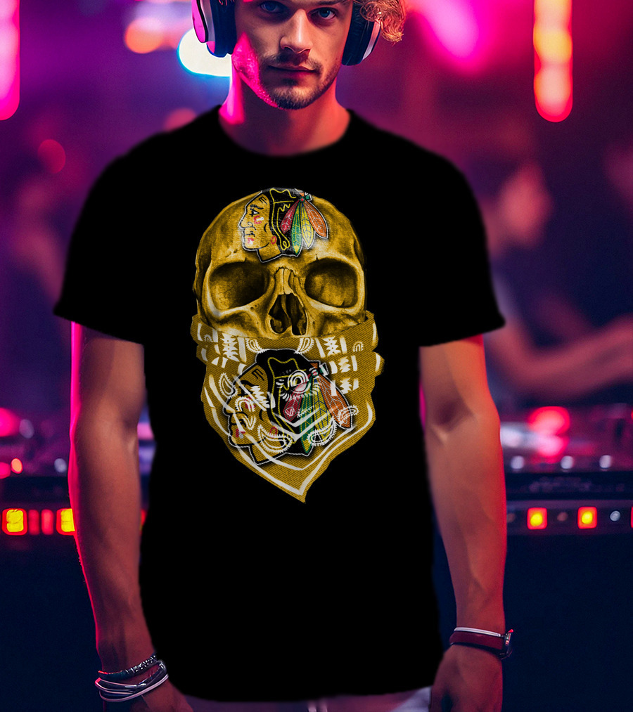 Skull With Chicago Blackhawks Logo Bandana T-Shirt