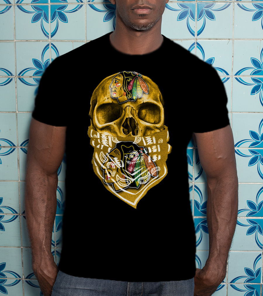 Skull With Chicago Blackhawks Logo Bandana T-Shirt