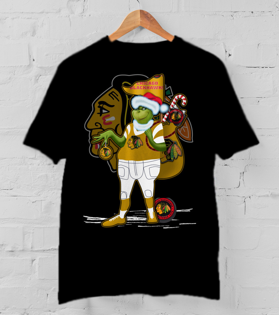 Chicago Blackhawks Grinchxmas Santa Hat Candy Cane Holiday T-Shirt