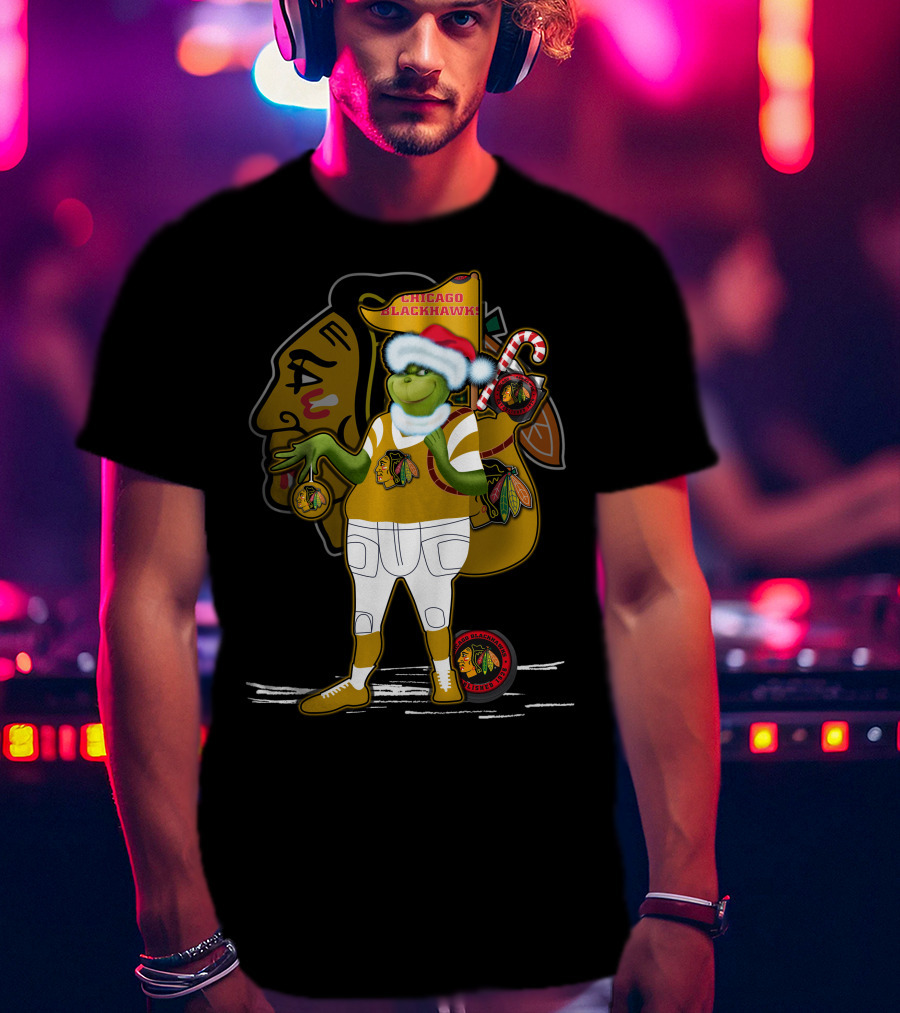 Chicago Blackhawks Grinchxmas Santa Hat Candy Cane Holiday T-Shirt