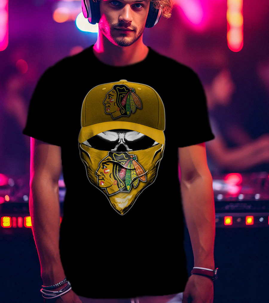 Skull Chicago Blackhawks Logo Hat And Bandana T-Shirt