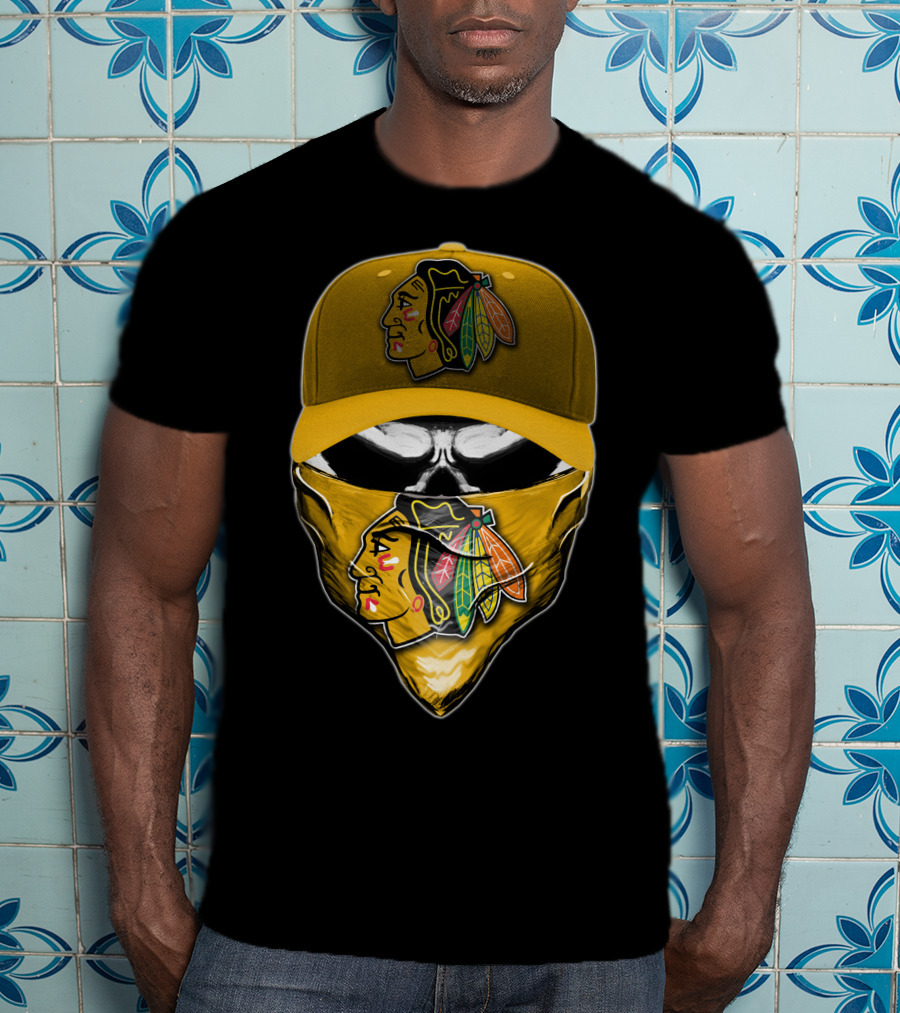 Skull Chicago Blackhawks Logo Hat And Bandana T-Shirt