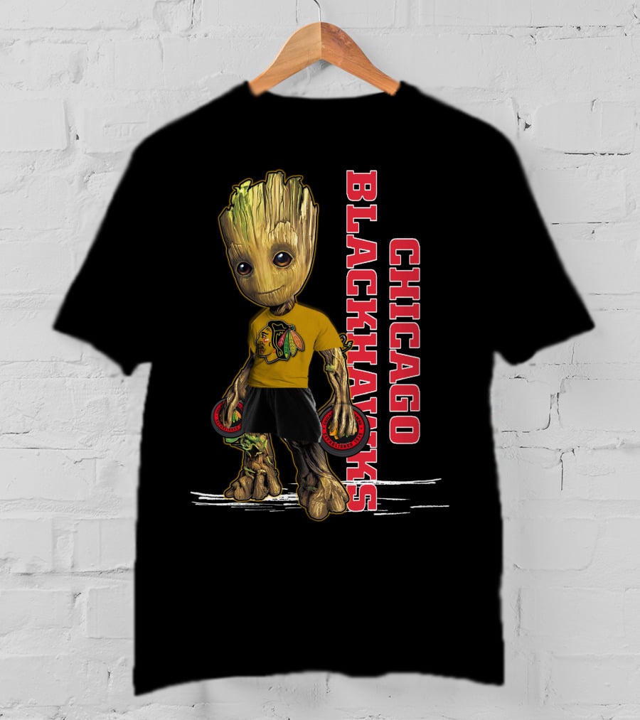 Groot Chicago Blackhawks Holding Hockey Pucks T-Shirt