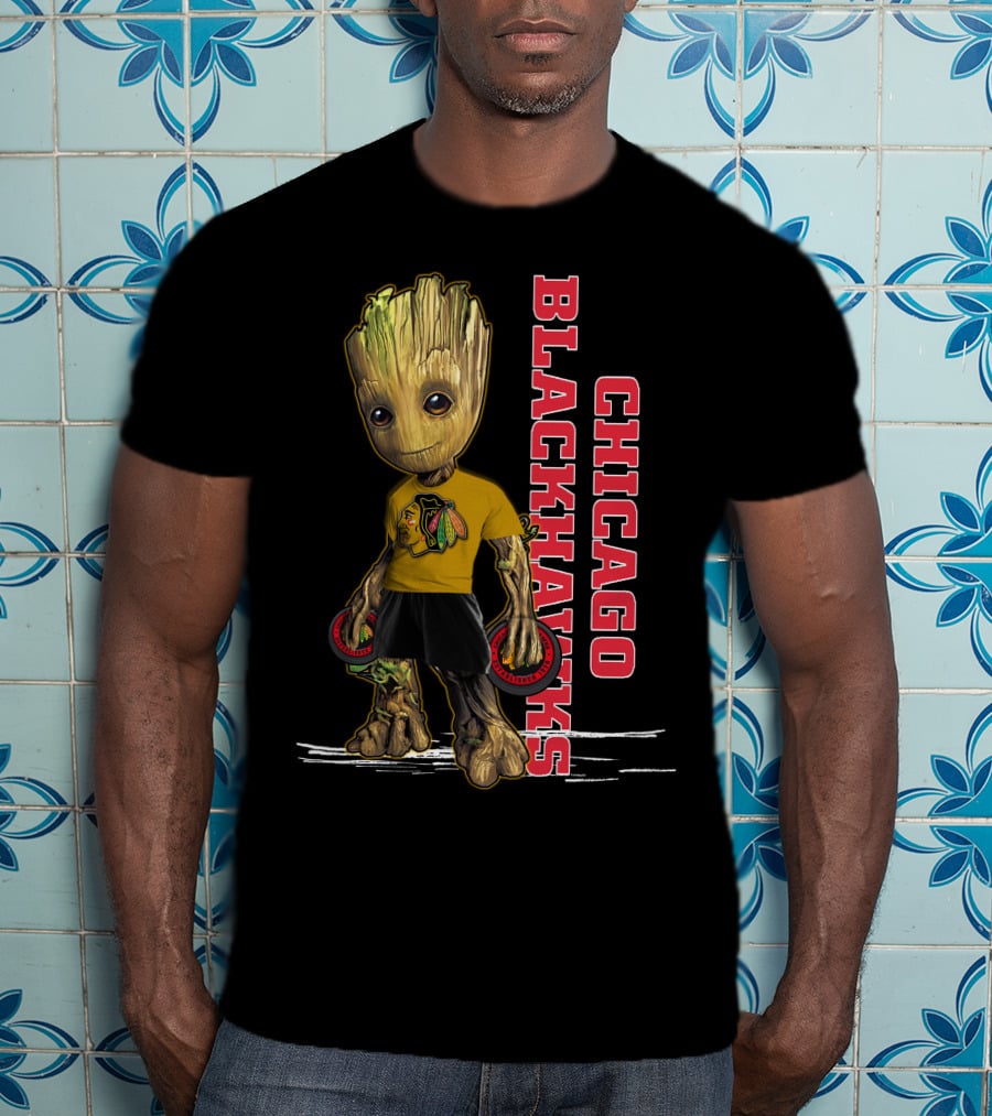 Groot Chicago Blackhawks Holding Hockey Pucks T-Shirt