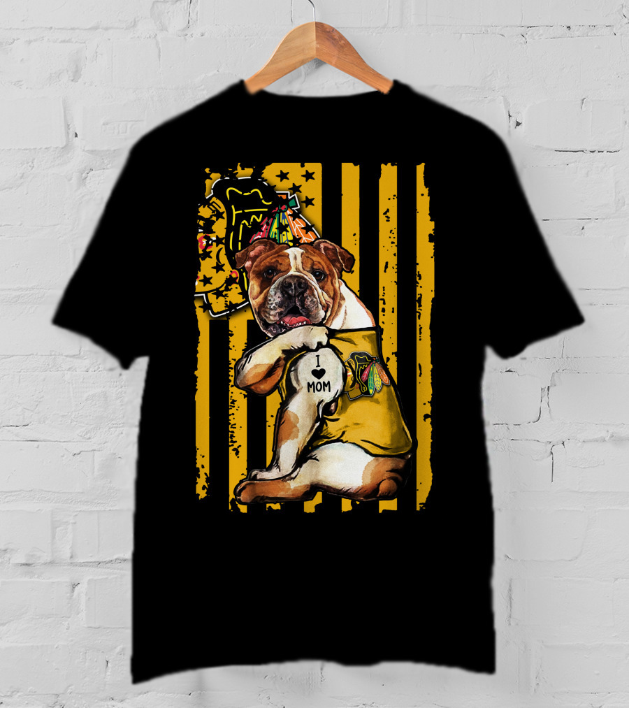 Bulldog I Love Mom Chicago Blackhawks Party Hat Yellow Stripes T-Shirt