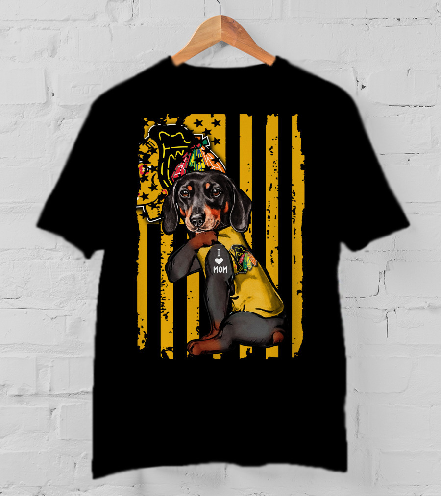 Dachshund In Chicago Blackhawks Outfit With I Love Mom Badge T-Shirt