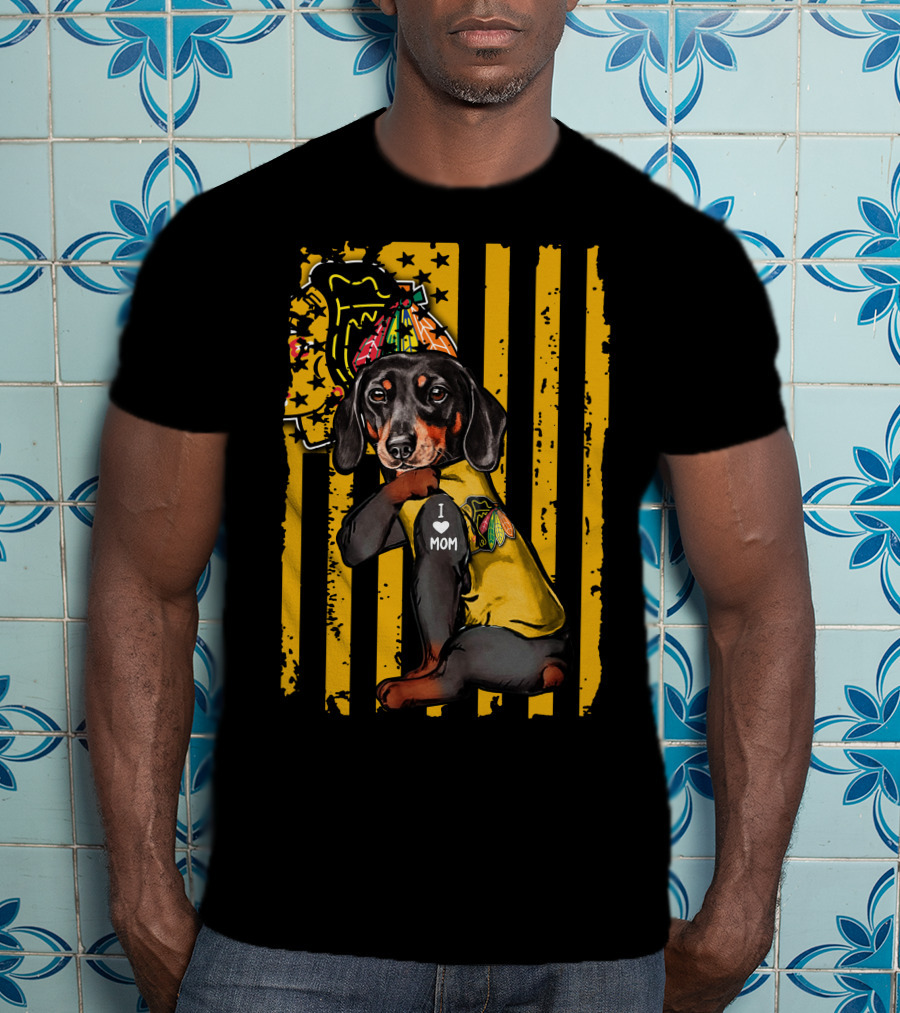 Dachshund In Chicago Blackhawks Outfit With I Love Mom Badge T-Shirt