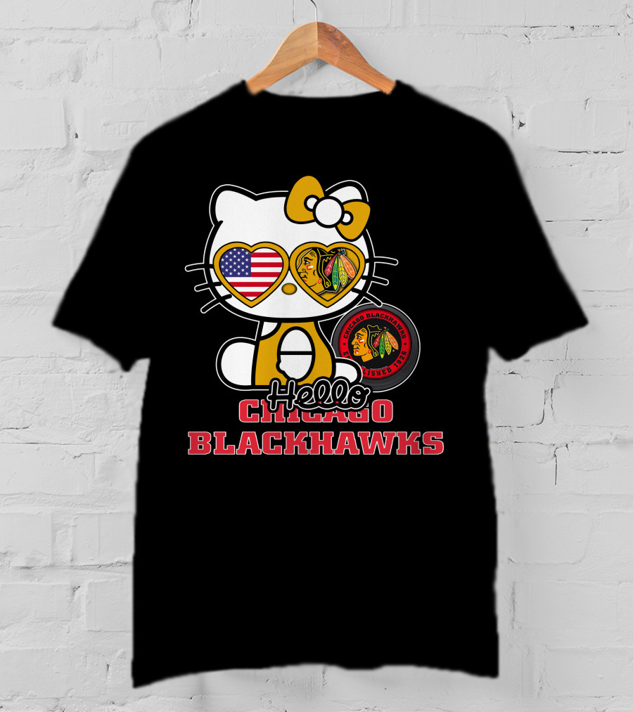 Hello Kitty Chicago Blackhawks American Flag Hockey Fan T-Shirt
