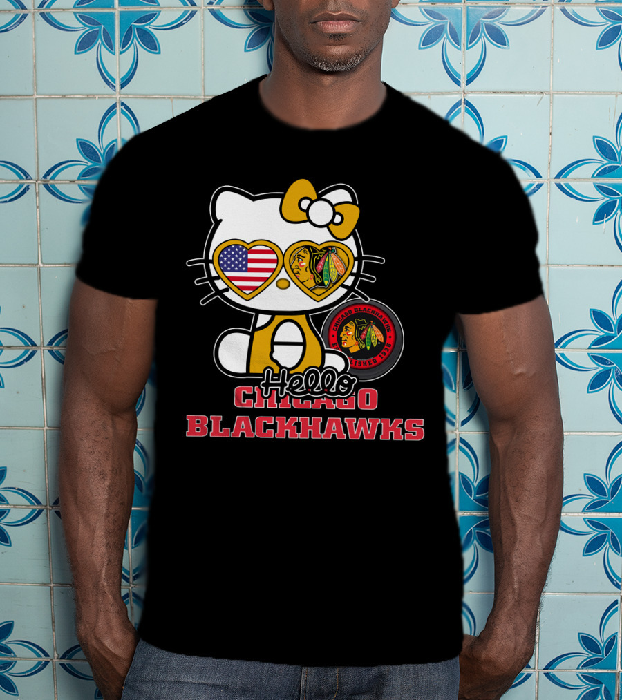 Hello Kitty Chicago Blackhawks American Flag Hockey Fan T-Shirt