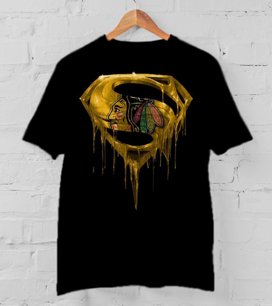 Superman Symbol With Chicago Blackhawks Logo Dripping Gold T-Shirt
