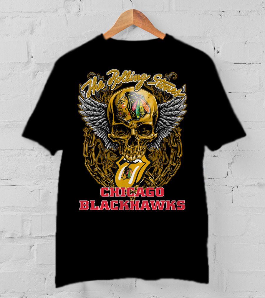 The Rolling Stones Tongue And Wings Skull With Chicago Blackhawks T-Shirt