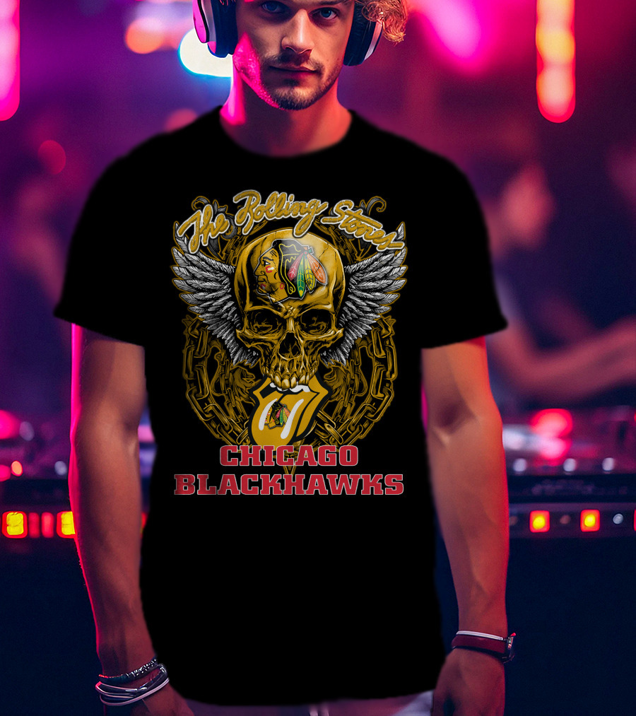 The Rolling Stones Tongue And Wings Skull With Chicago Blackhawks T-Shirt