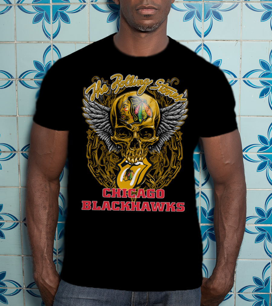 The Rolling Stones Tongue And Wings Skull With Chicago Blackhawks T-Shirt