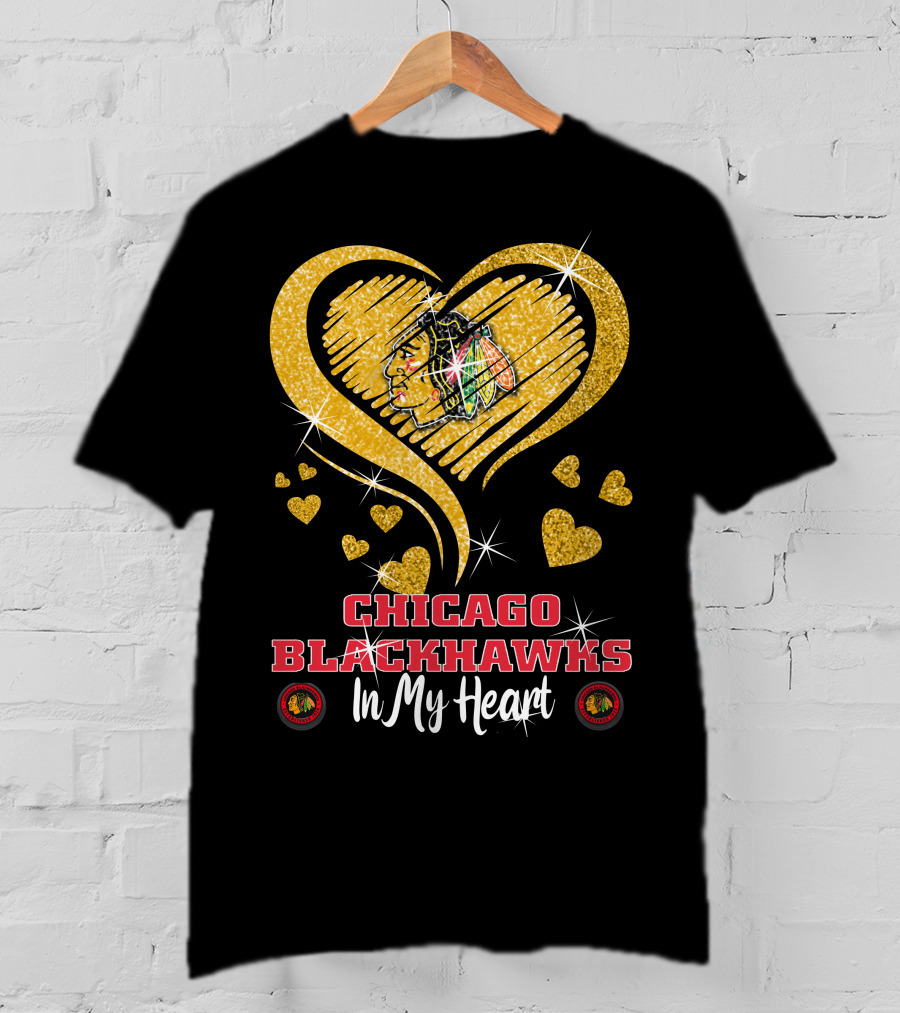 Chicago Blackhawks In My Heart Golden Glitter Logo Hearts T-Shirt