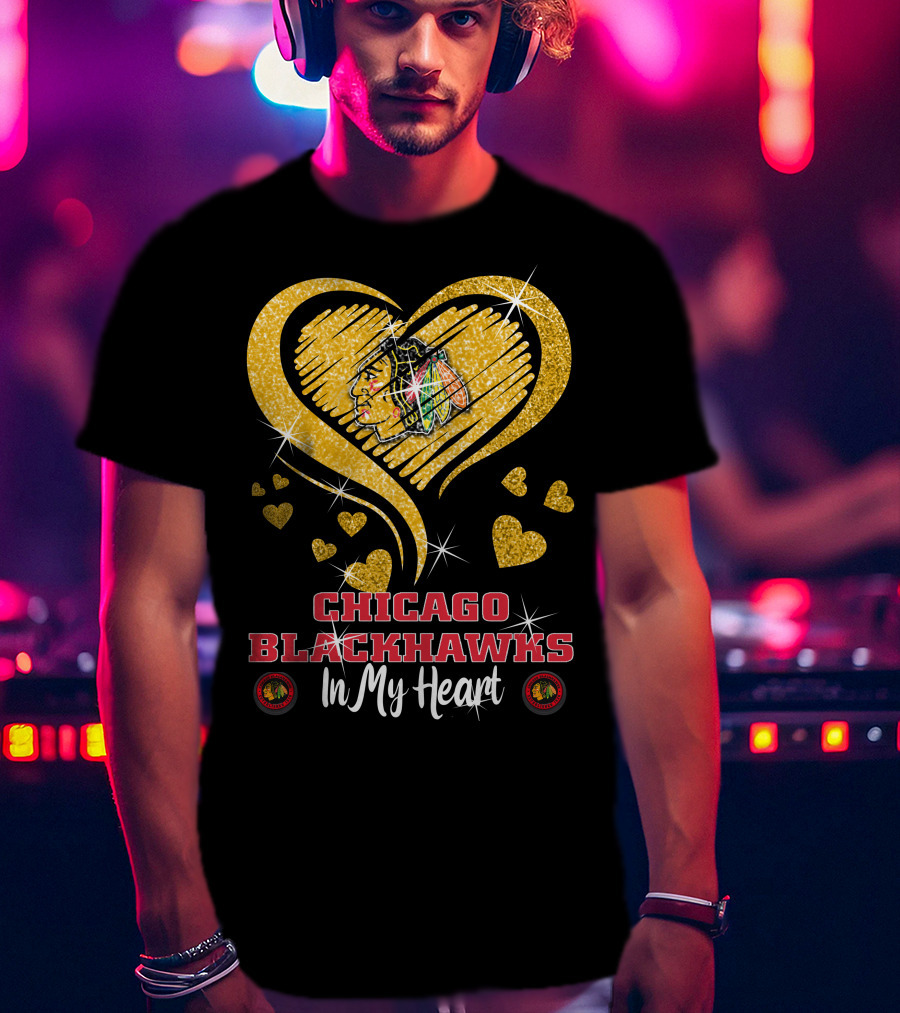 Chicago Blackhawks In My Heart Golden Glitter Logo Hearts T-Shirt