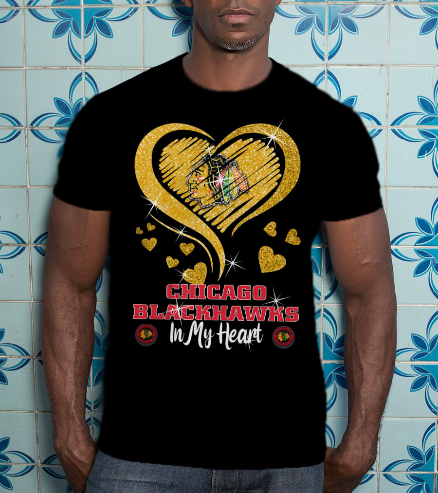 Chicago Blackhawks In My Heart Golden Glitter Logo Hearts T-Shirt