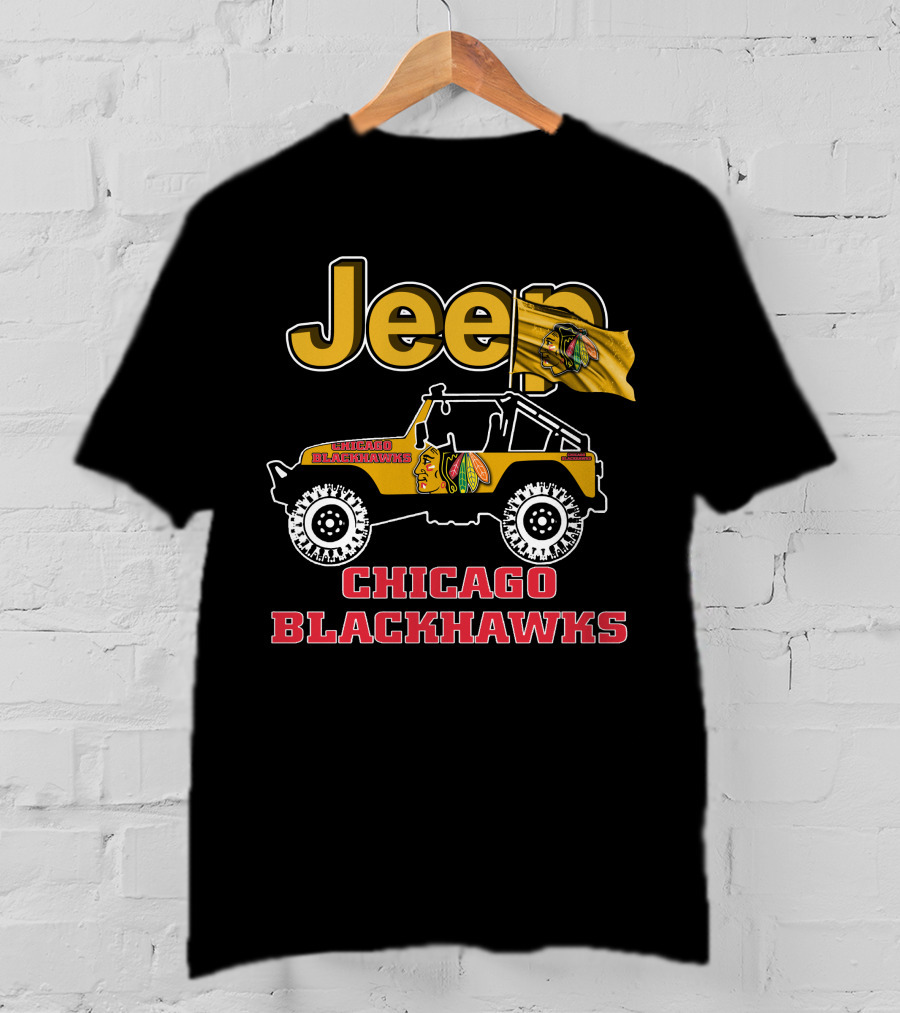 Jeep Chicago Blackhawks Off-Road Vehicle With Team Logo And Flag T-Shirt