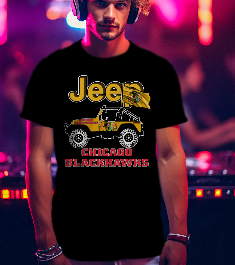Jeep Chicago Blackhawks Off-Road Vehicle With Team Logo And Flag T-Shirt