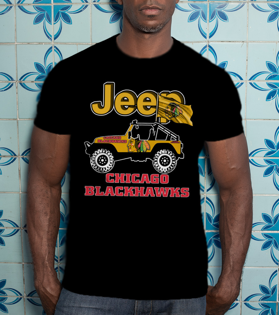 Jeep Chicago Blackhawks Off-Road Vehicle With Team Logo And Flag T-Shirt