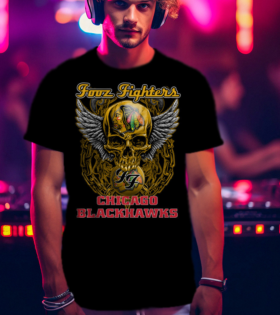 Foo Fighters Chicago Blackhawks Skull Winged T-Shirt