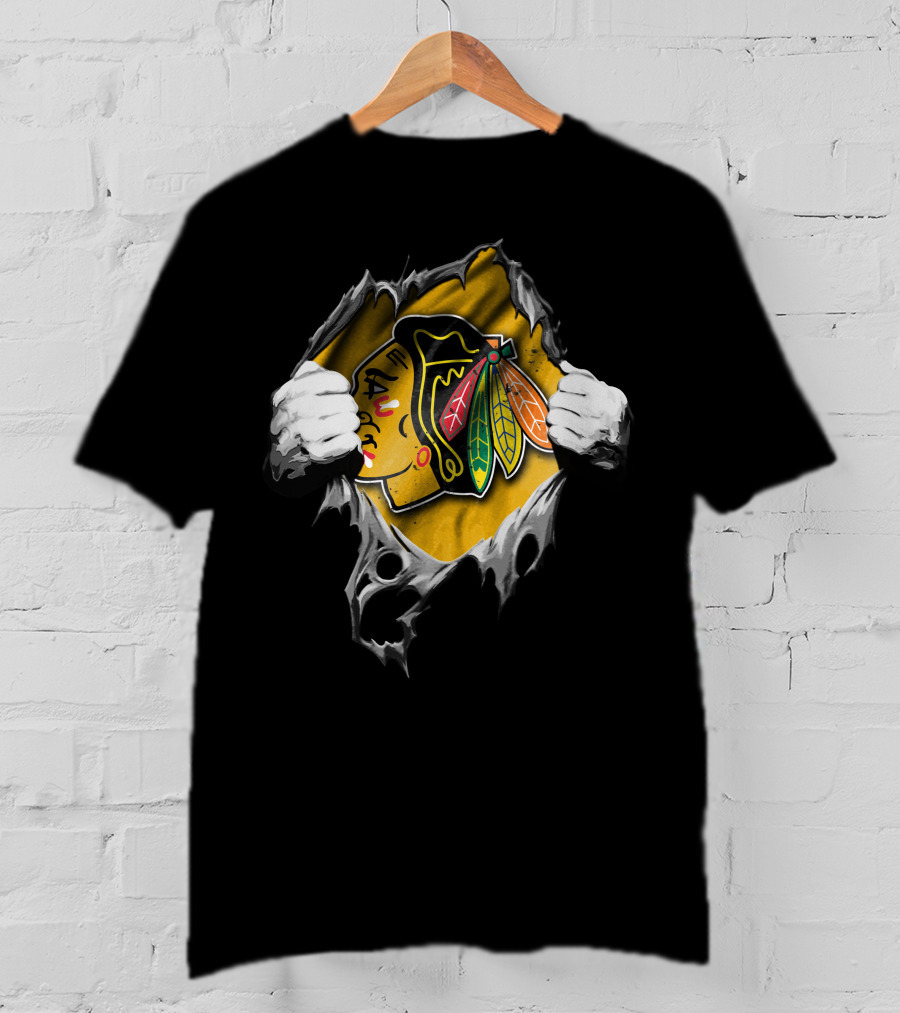 Torn Chicago Blackhawks Logo Peeking Through Ripped Fabric T-Shirt