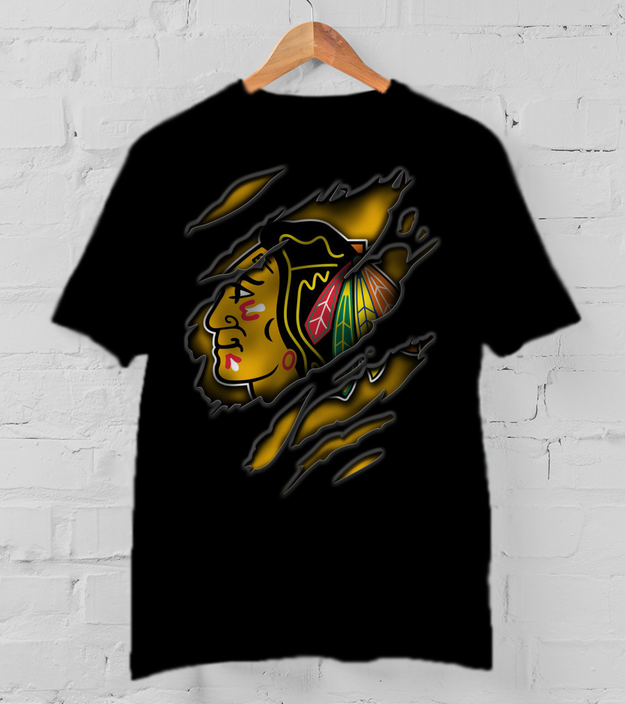 Torn Chicago Blackhawks Logo Claw Marks Yellow And Black T-Shirt