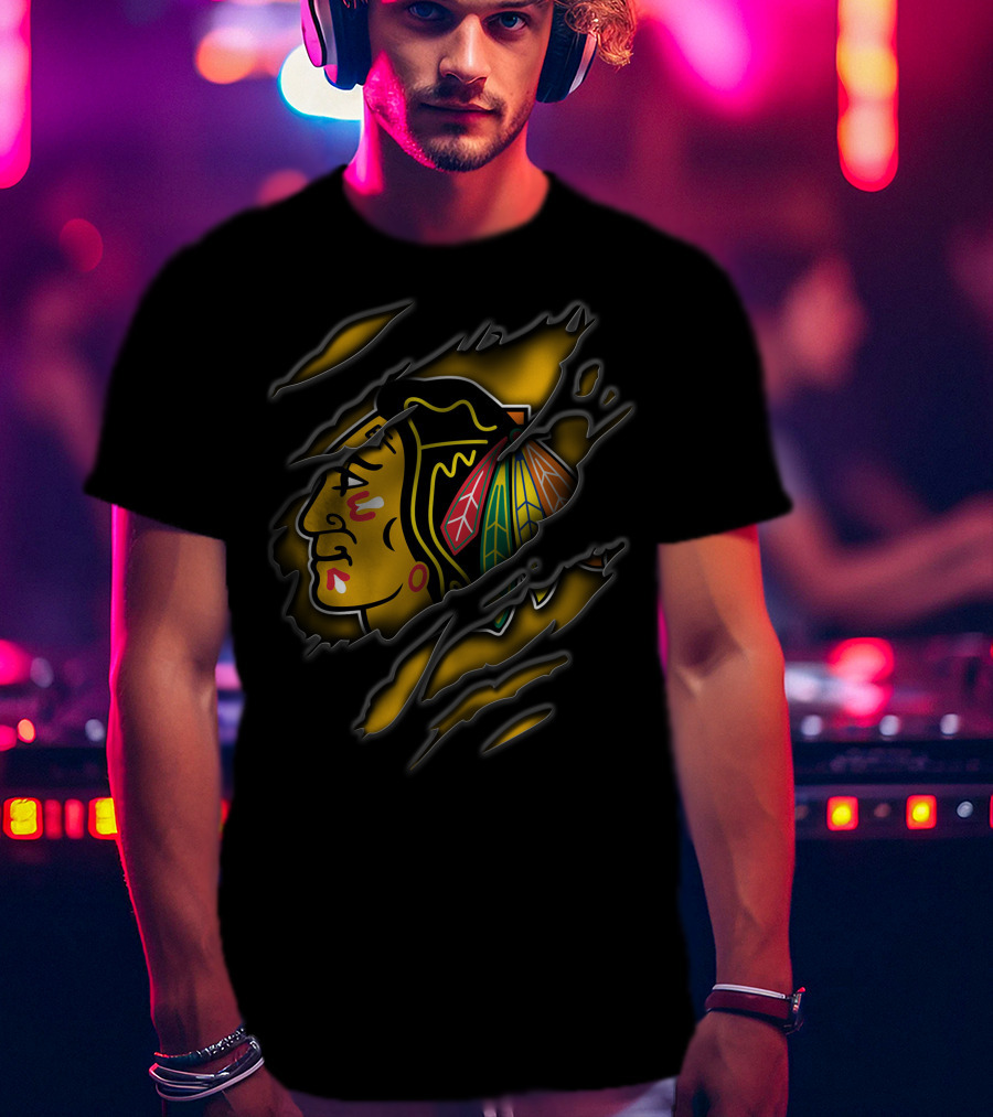 Torn Chicago Blackhawks Logo Claw Marks Yellow And Black T-Shirt