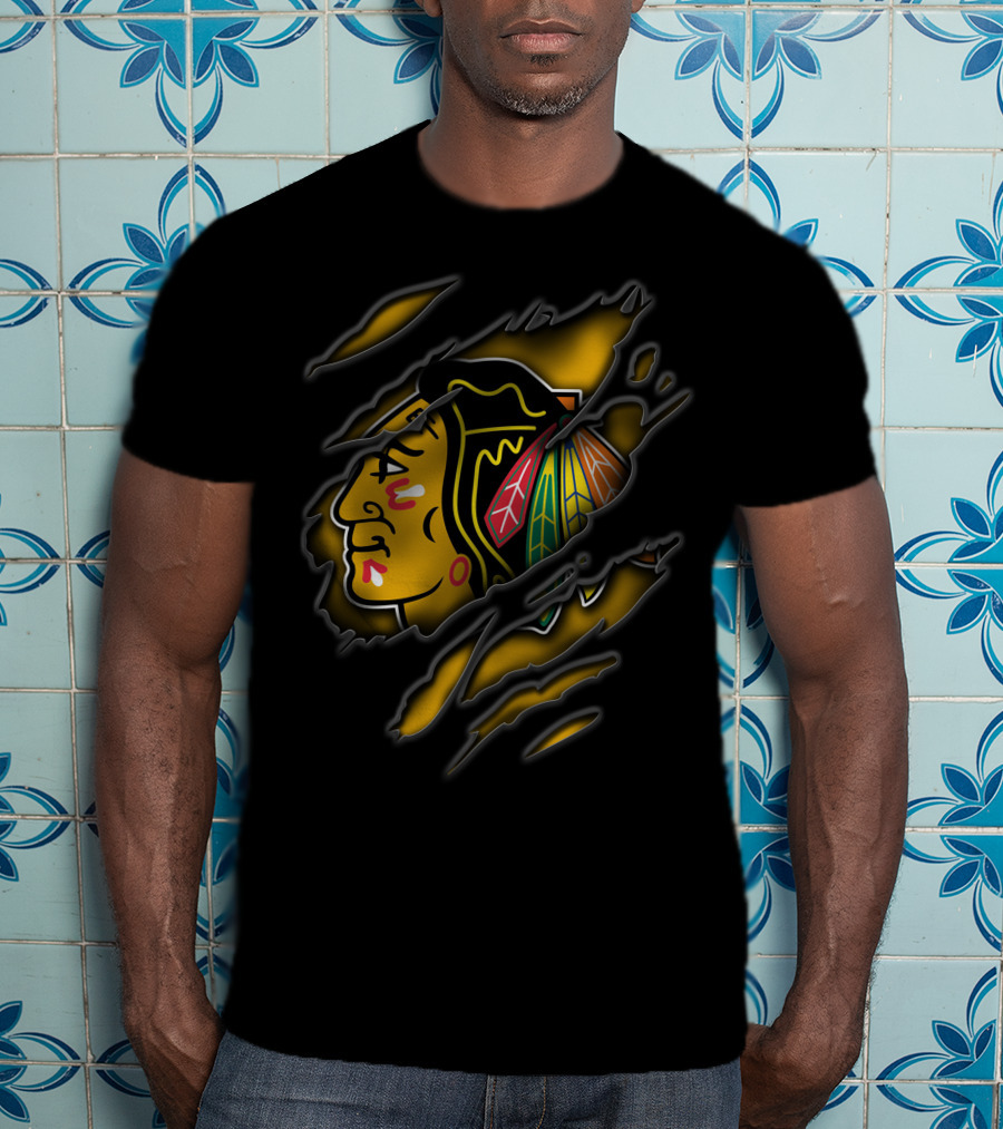 Torn Chicago Blackhawks Logo Claw Marks Yellow And Black T-Shirt