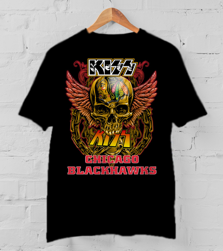 Kiss Chicago Blackhawks Skull With Wings And Chains T-Shirt