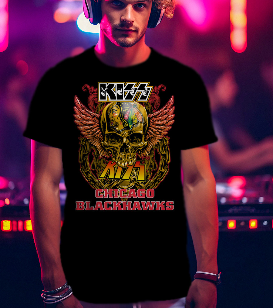 Kiss Chicago Blackhawks Skull With Wings And Chains T-Shirt