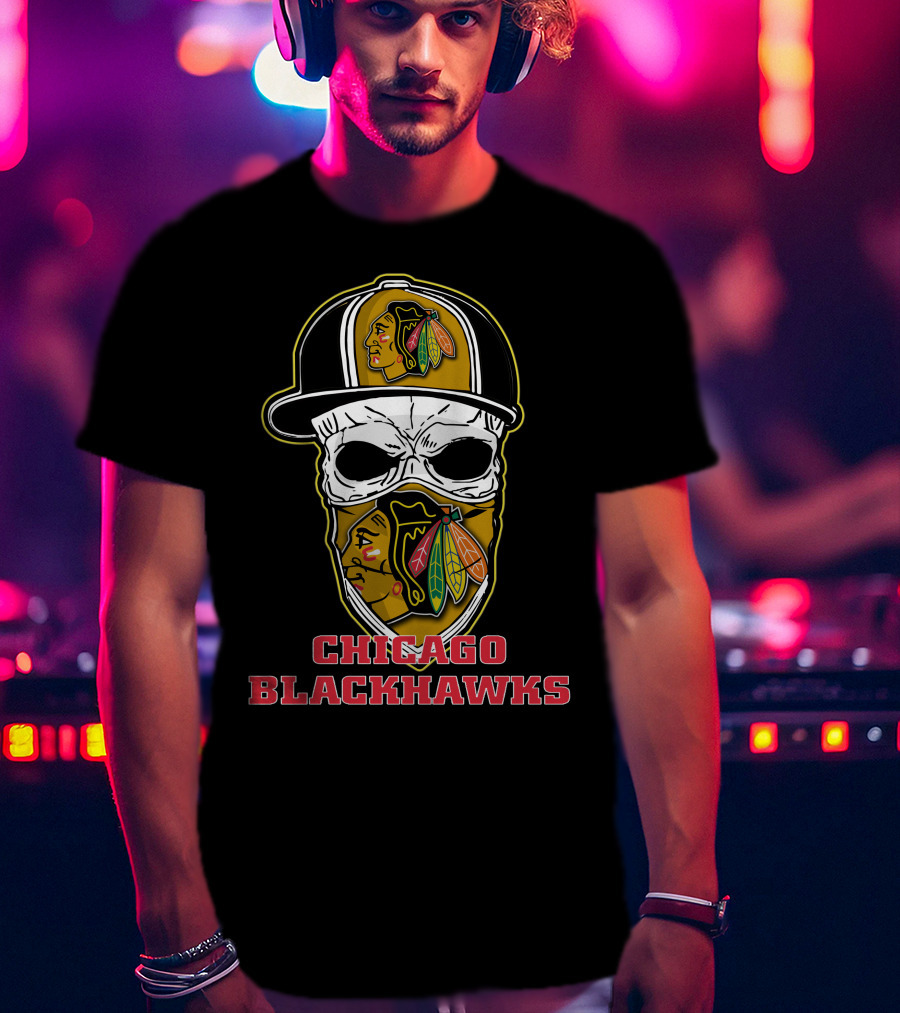 Chicago Blackhawks Skull Hat T-Shirt
