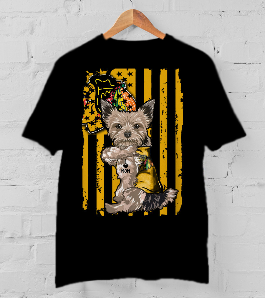 Yorkshire Terrier I Love Mom Chicago Blackhawks Stripes T-Shirt