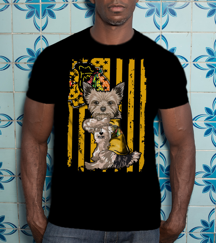 Yorkshire Terrier I Love Mom Chicago Blackhawks Stripes T-Shirt