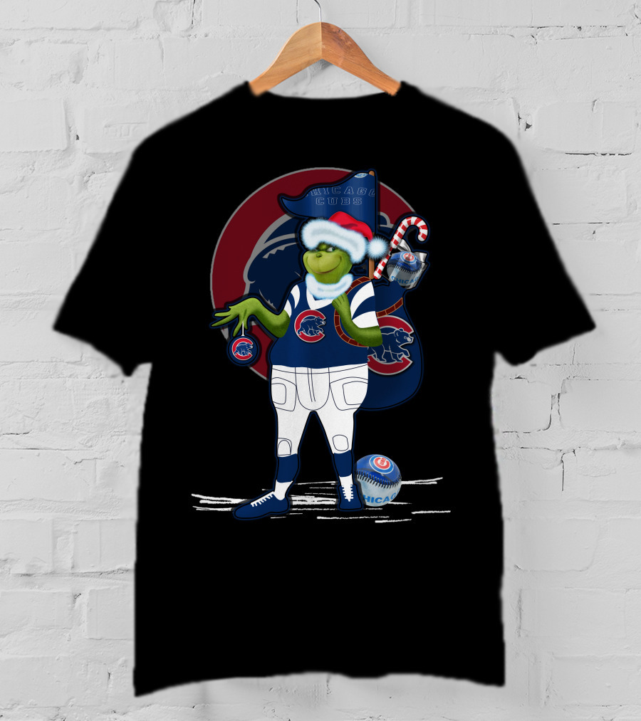 Grinchxmas Chicago Cubs Christmas Spirit With Santa Hat And Candy Cane T-Shirt