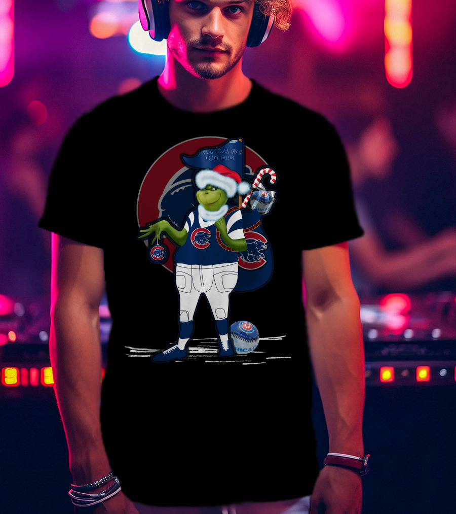 Grinchxmas Chicago Cubs Christmas Spirit With Santa Hat And Candy Cane T-Shirt
