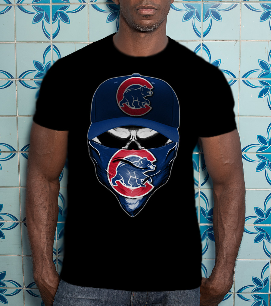 Skull Wearing Chicago Cubs Hat And Bandana T-Shirt