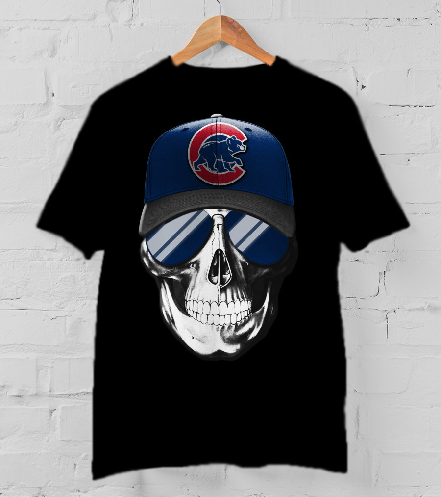 Skull Wearing Chicago Cubs Hat With Reflective Sunglasses T-Shirt