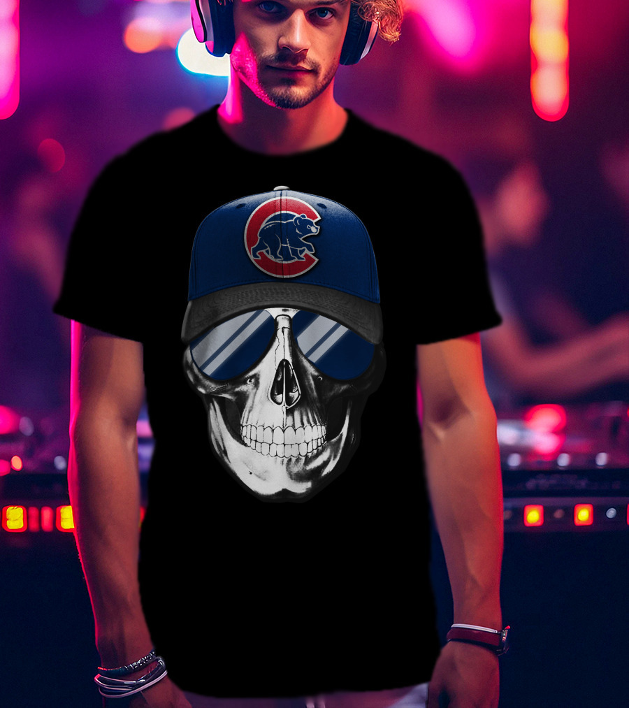 Skull Wearing Chicago Cubs Hat With Reflective Sunglasses T-Shirt