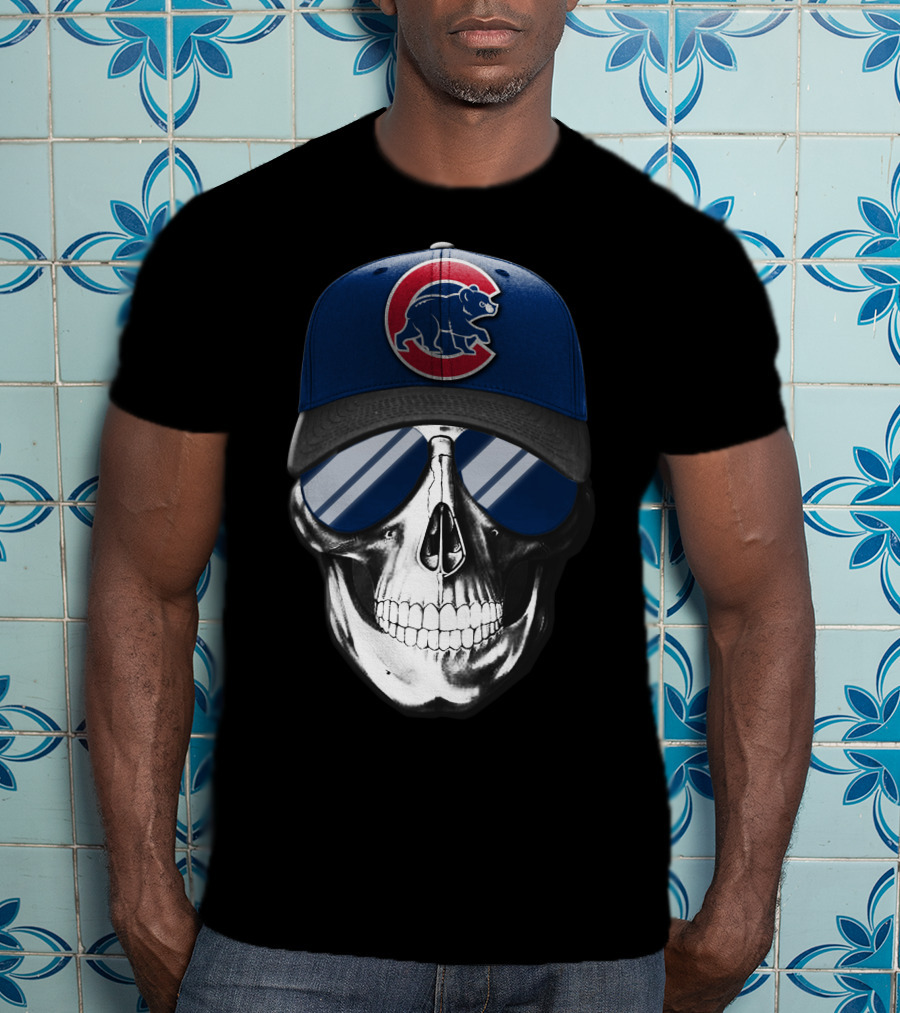 Skull Wearing Chicago Cubs Hat With Reflective Sunglasses T-Shirt