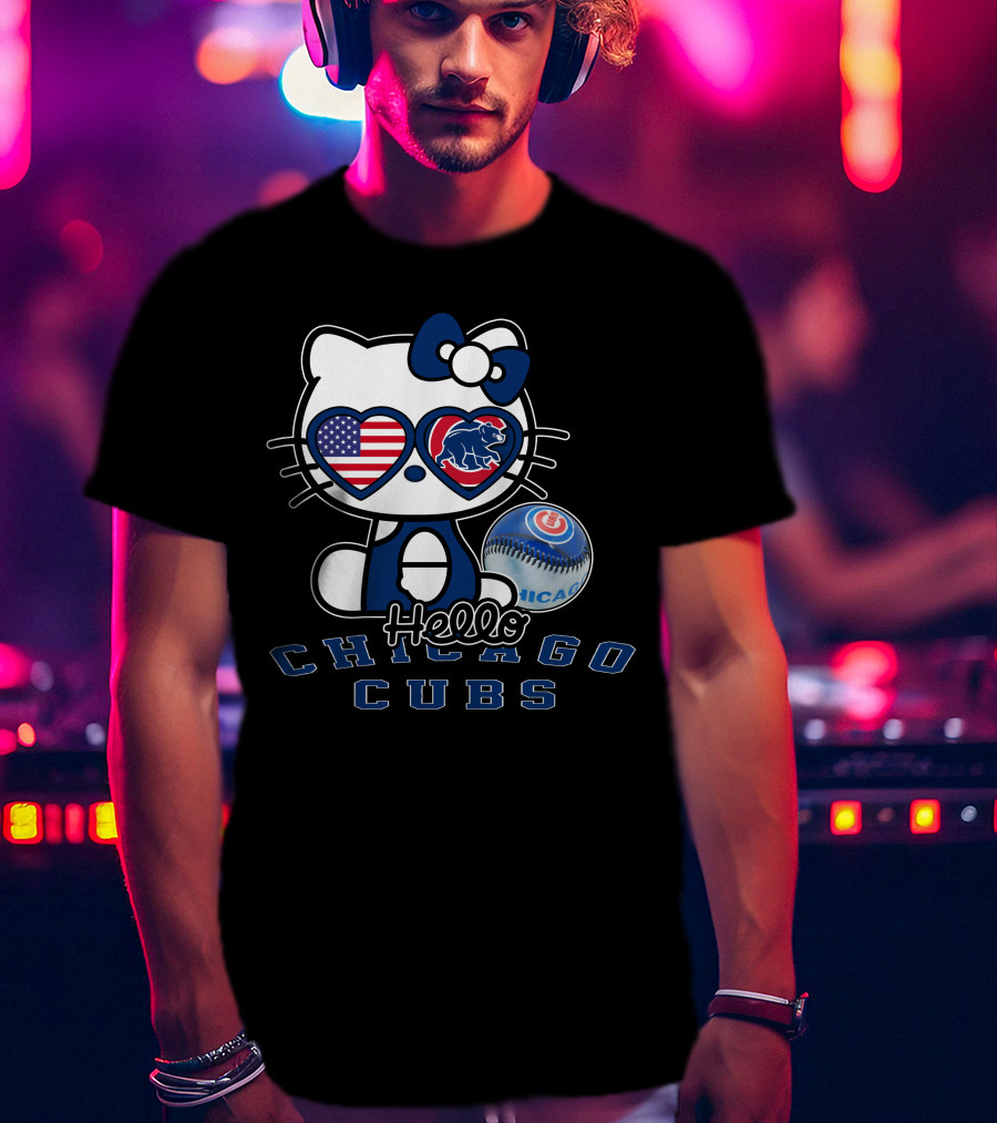 Hello Kitty Chicago Cubs American Flag Baseball T-Shirt
