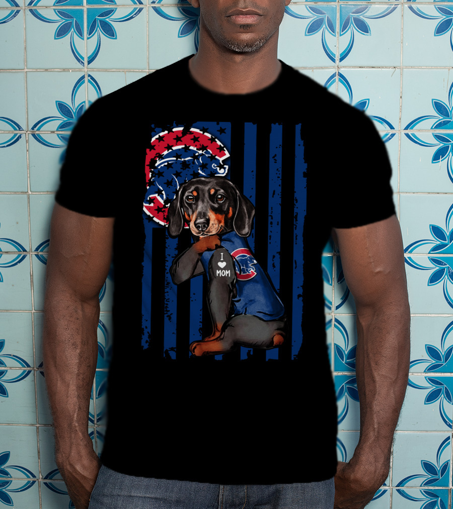 I Love Mom Dachshund Chicago Cubs American Flag T-Shirt