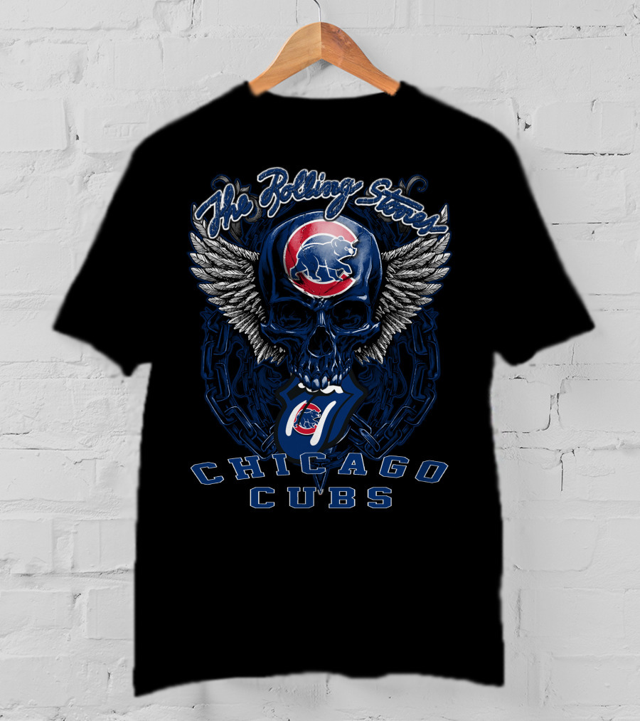 The Rolling Stones Chicago Cubs Skull Wings Logo Mashup T-Shirt